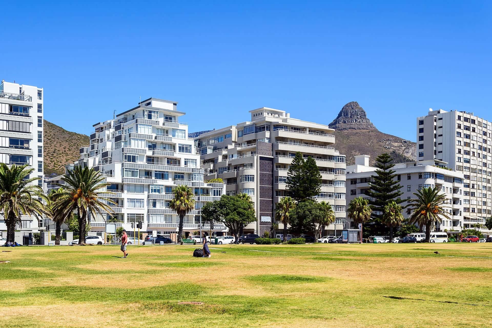 Apartment blocks on the Sea Point beachfront in Cape Town, with Lion's Head behind